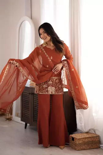  Embroidery Work Crunchy Silk Fabric Straight Kurta Pant and Dupatta Set