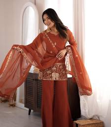  Embroidery Work Crunchy Silk Fabric Straight Kurta Pant and Dupatta Set