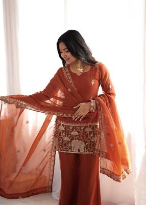  Embroidery Work Crunchy Silk Fabric Straight Kurta Pant and Dupatta Set 2