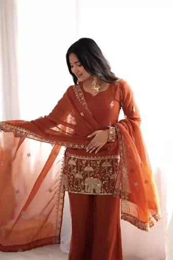  Embroidery Work Crunchy Silk Fabric Straight Kurta Pant and Dupatta Set