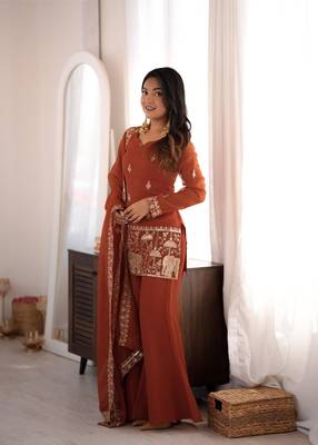  Embroidery Work Crunchy Silk Fabric Straight Kurta Pant and Dupatta Set 3