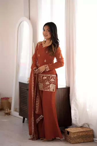  Embroidery Work Crunchy Silk Fabric Straight Kurta Pant and Dupatta Set