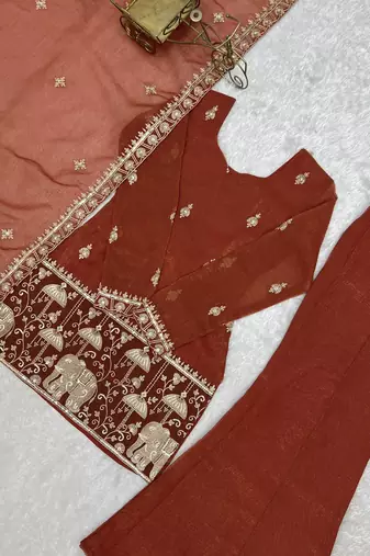  Embroidery Work Crunchy Silk Fabric Straight Kurta Pant and Dupatta Set