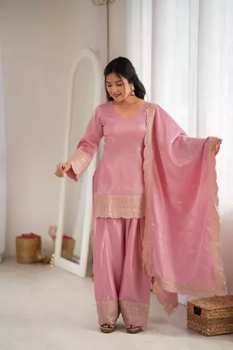 Women's Gorgeous Embroidery Work Roman Silk Fabric Straight Kurta Shalwar and Dupatta Set
