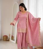 Women's Gorgeous Embroidery Work Roman Silk Fabric Straight Kurta Shalwar and Dupatta Set