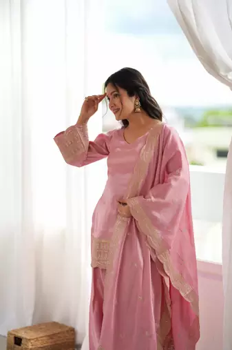 Women's Gorgeous Embroidery Work Roman Silk Fabric Straight Kurta Shalwar and Dupatta Set