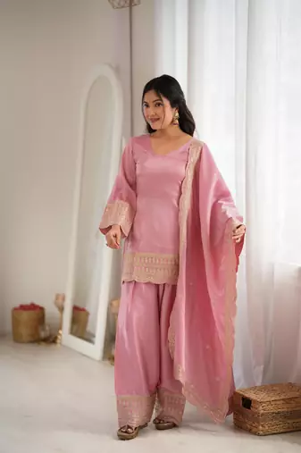 Women's Gorgeous Embroidery Work Roman Silk Fabric Straight Kurta Shalwar and Dupatta Set