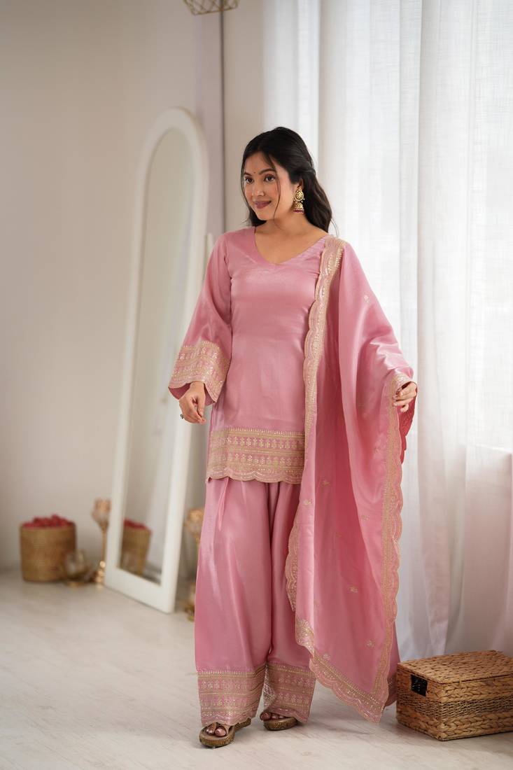 Women's Gorgeous Embroidery Work Roman Silk Fabric Straight Kurta Shalwar and Dupatta Set