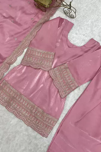 Women's Gorgeous Embroidery Work Roman Silk Fabric Straight Kurta Shalwar and Dupatta Set