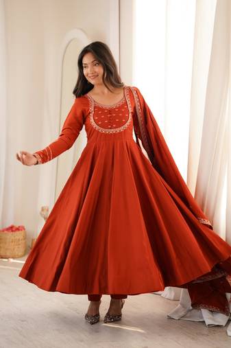 Women's Beautiful Embroidery Work Roman Chanderi Silk Fabric Flared Anarkali Pant and Dupatta Set
