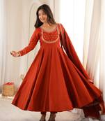 Women's Beautiful Embroidery Work Roman Chanderi Silk Fabric Flared Anarkali Pant and Dupatta Set