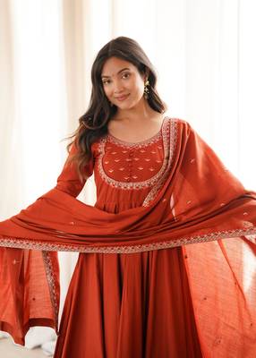 Women's Beautiful Embroidery Work Roman Chanderi Silk Fabric Flared Anarkali Pant and Dupatta Set 2