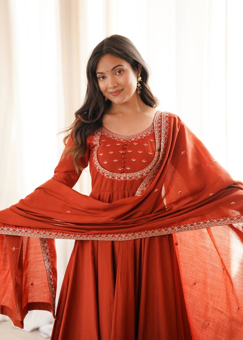 Women's Beautiful Embroidery Work Roman Chanderi Silk Fabric Flared Anarkali Pant and Dupatta Set
