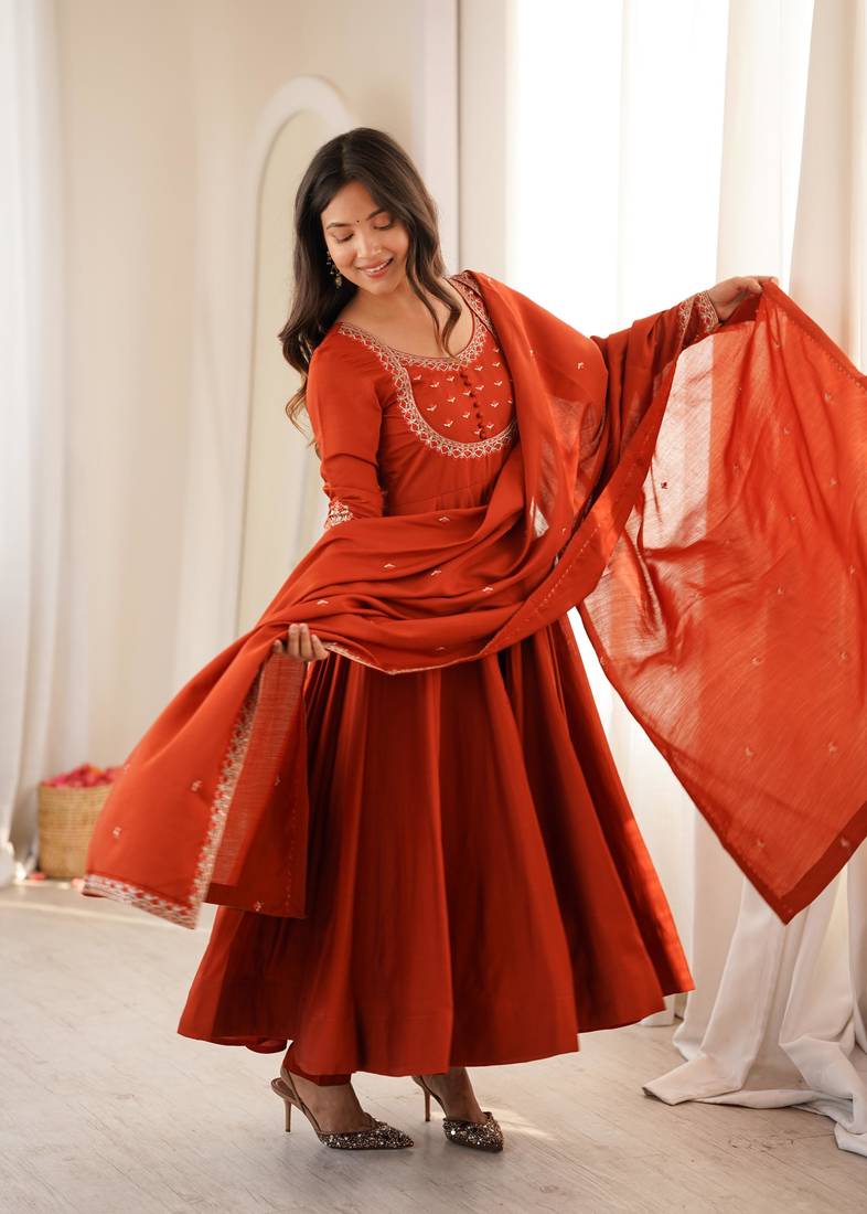 Women's Beautiful Embroidery Work Roman Chanderi Silk Fabric Flared Anarkali Pant and Dupatta Set