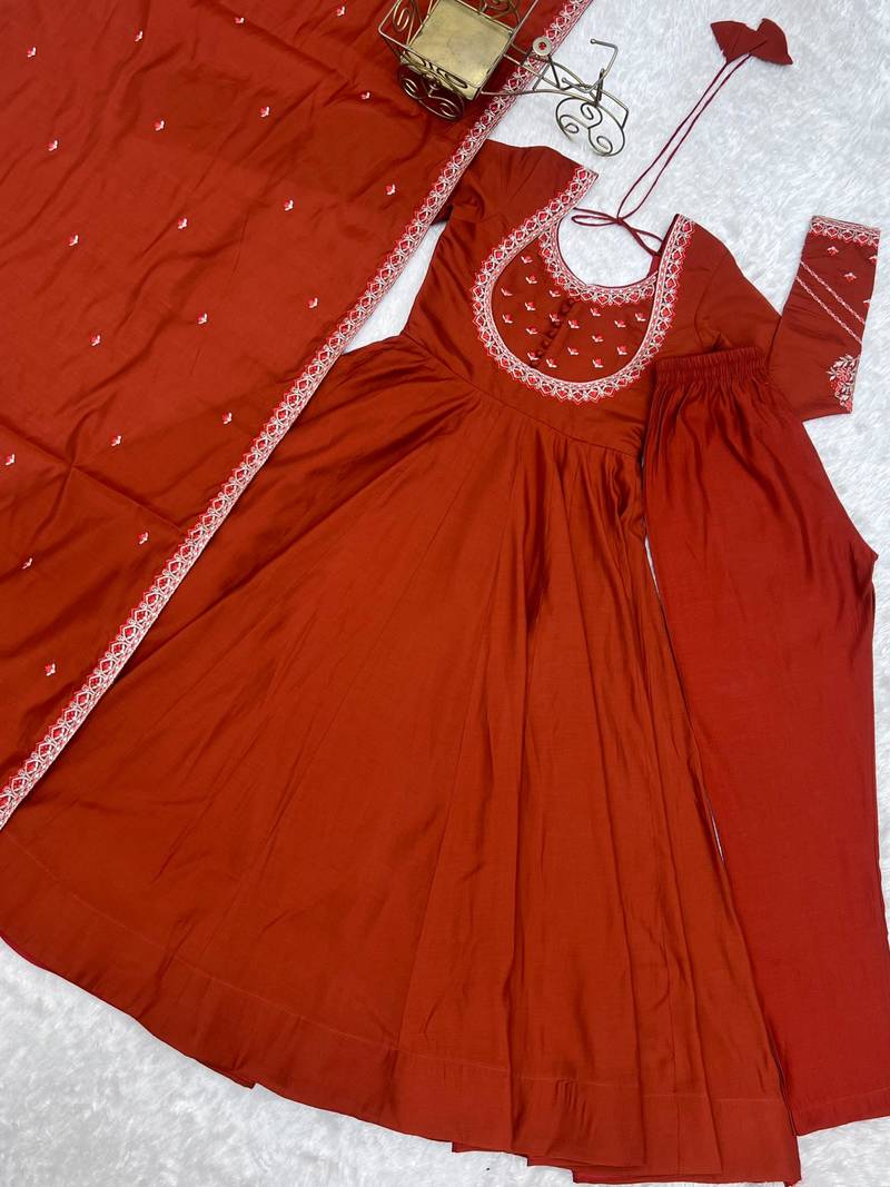 Women's Beautiful Embroidery Work Roman Chanderi Silk Fabric Flared Anarkali Pant and Dupatta Set