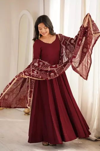  Solid Roman Chanderi Silk Fabric Flared Anarkali Pant and Dupatta Set