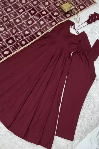  Solid Roman Chanderi Silk Fabric Flared Anarkali Pant and Dupatta Set