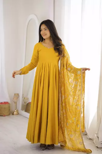  Solid Roman Chanderi Silk Fabric Flared Anarkali Pant and Dupatta Set