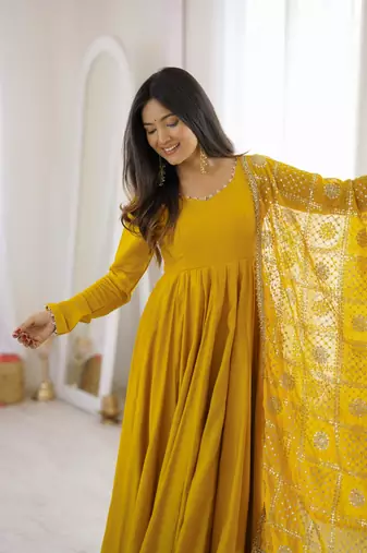  Solid Roman Chanderi Silk Fabric Flared Anarkali Pant and Dupatta Set