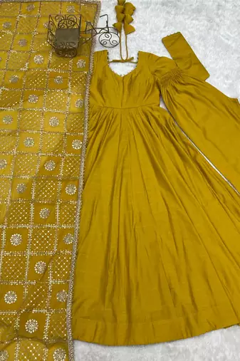  Solid Roman Chanderi Silk Fabric Flared Anarkali Pant and Dupatta Set