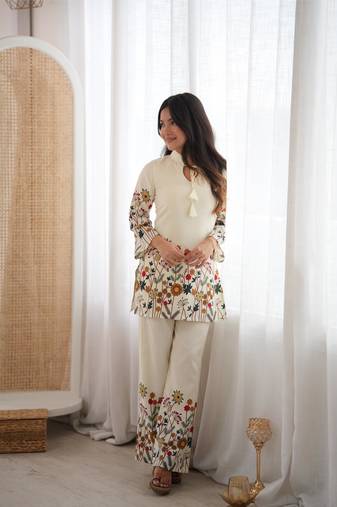  Printed Work Slub Cotton Fabric Straight Kurta Pant Set