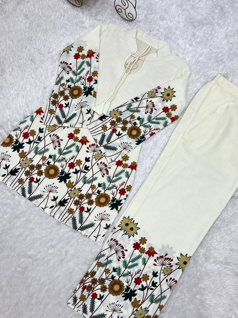  Printed Work Slub Cotton Fabric Straight Kurta Pant Set