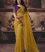 Mustard yellow faux organza saree with zari embroidered border & purple blouse