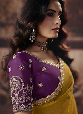 Mustard yellow faux organza saree with zari embroidered border & purple blouse 2