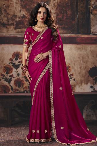 Rani pink faux satin saree with zari border & embroidered blouse