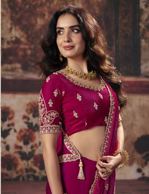 Rani pink faux satin saree with zari border & embroidered blouse 2