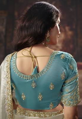 Cream & sky blue faux satin shimmer saree with embroidered blouse 3