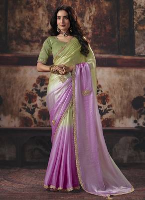 Light green & orchid pink faux satin shimmer saree with embroidered blouse 1