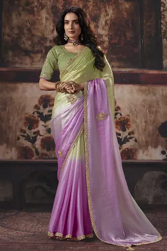 Light green & orchid pink faux satin shimmer saree with embroidered blouse