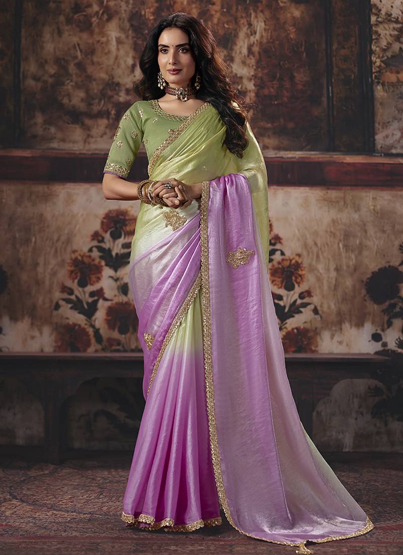 Light green & orchid pink faux satin shimmer saree with embroidered blouse