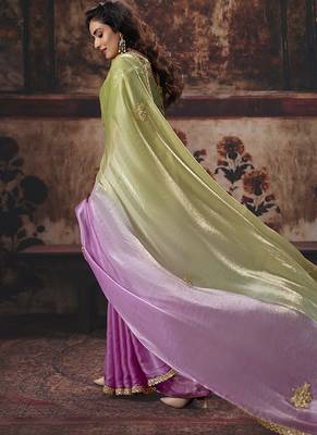 Light green & orchid pink faux satin shimmer saree with embroidered blouse 3