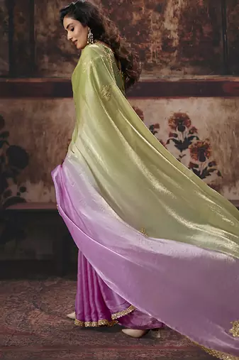 Light green & orchid pink faux satin shimmer saree with embroidered blouse