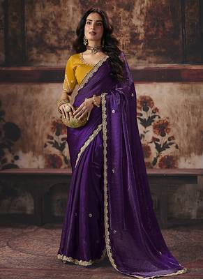 Dark purple shimmer faux satin saree with mustard yellow embroidered blouse 1