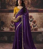 Dark purple shimmer faux satin saree with mustard yellow embroidered blouse