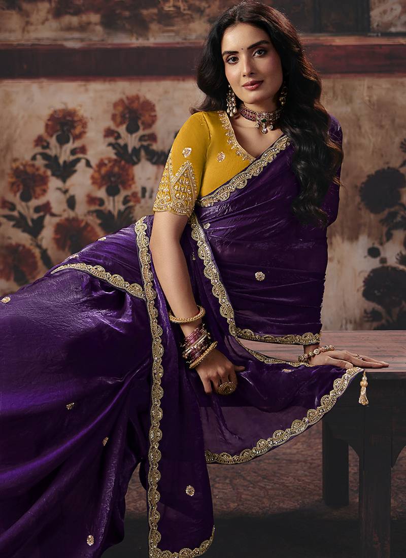 Dark purple shimmer faux satin saree with mustard yellow embroidered blouse