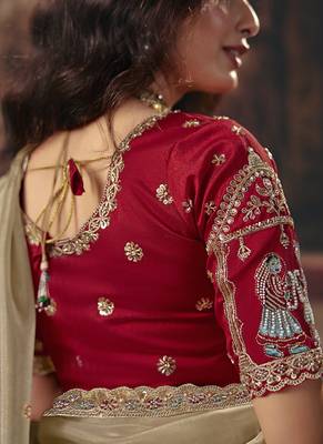 Beige gold shimmer saree faux organza saree with red embroidered blouse 3