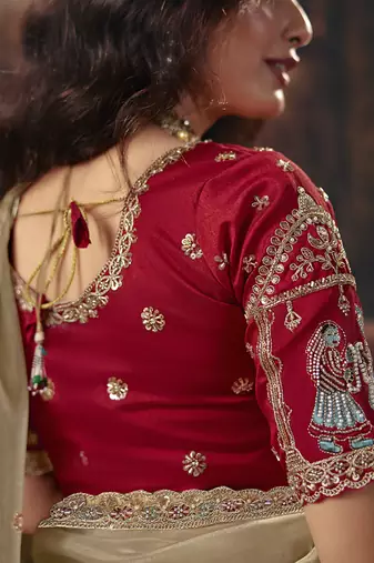 Beige gold shimmer saree faux organza saree with red embroidered blouse