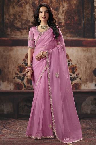 Pink shimmer faux organza saree with scalloped zari border & embroidered blouse