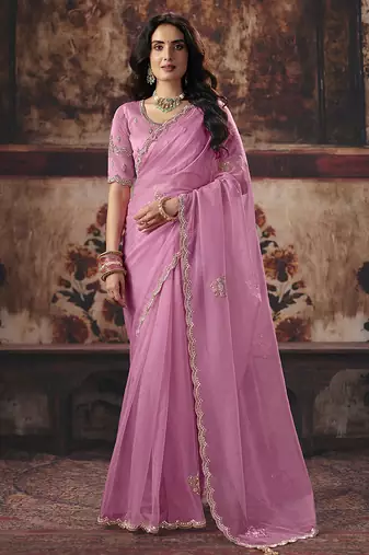 Pink shimmer faux organza saree with scalloped zari border & embroidered blouse
