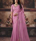 Pink shimmer faux organza saree with scalloped zari border & embroidered blouse