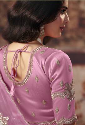 Pink shimmer faux organza saree with scalloped zari border & embroidered blouse 3