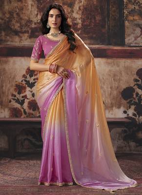 Peach orange & pink shimmer faux satin saree with embroidered blouse 1