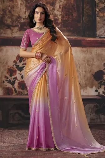 Peach orange & pink shimmer faux satin saree with embroidered blouse