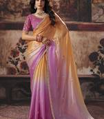 Peach orange & pink shimmer faux satin saree with embroidered blouse
