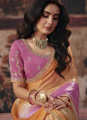 Peach orange & pink shimmer faux satin saree with embroidered blouse 2