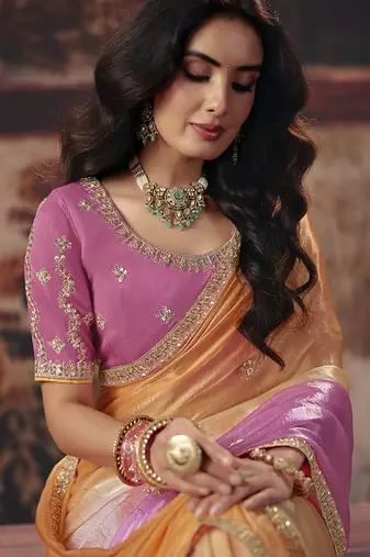 Peach orange & pink shimmer faux satin saree with embroidered blouse